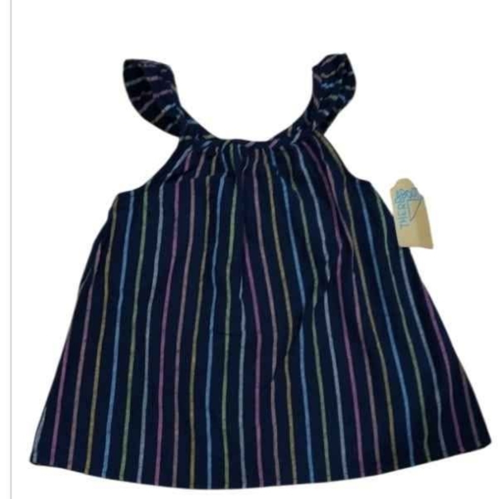 NWT Girl's Thereabouts navy stripe Linen Blend flutter sleeve smock tank top - Picture 2 of 5